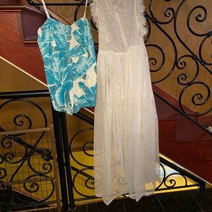 White and turquoise swim suit and cover up